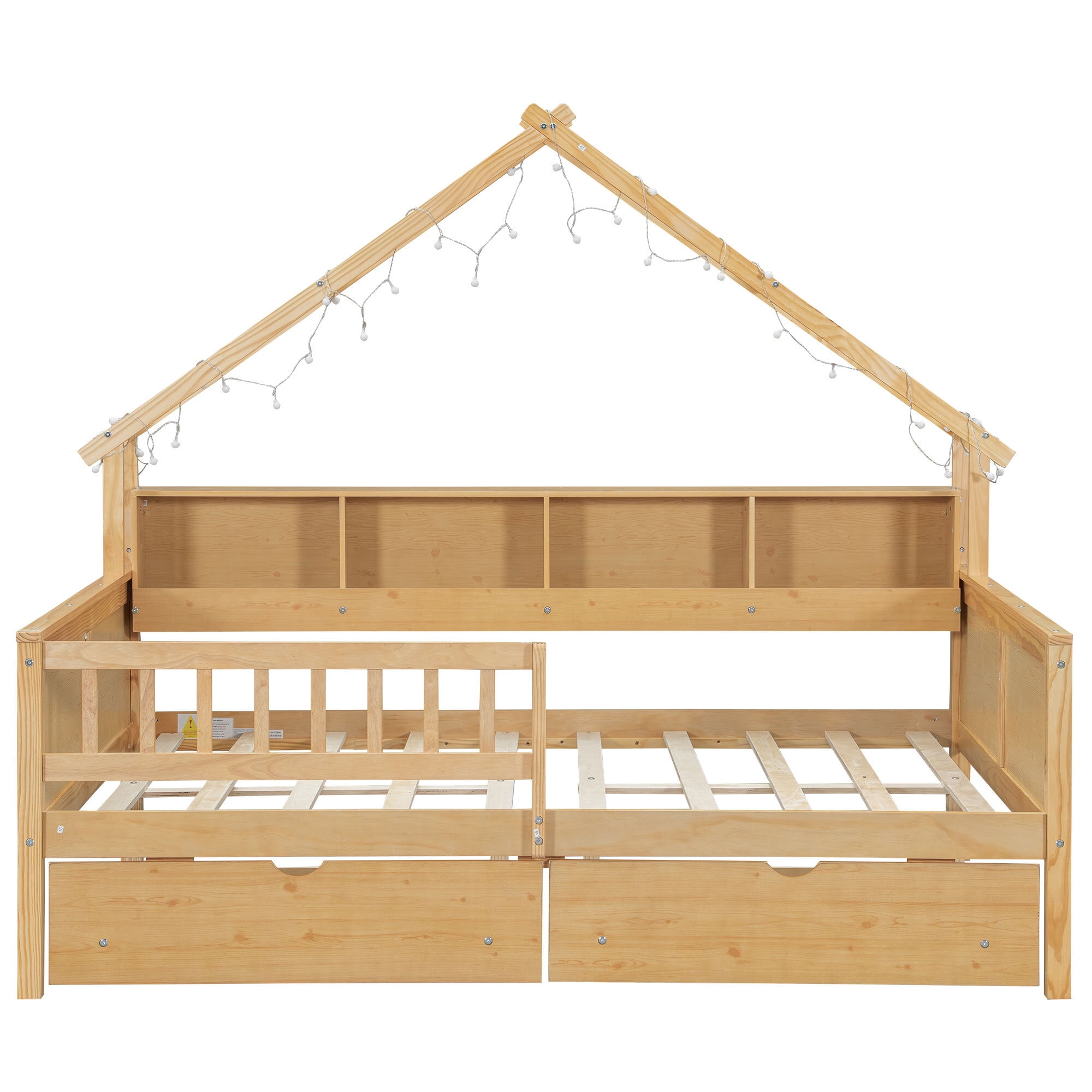 Euroco Wood Full Size Platform Bed with Drawers, House Bed with Storage and LED Light, Natural