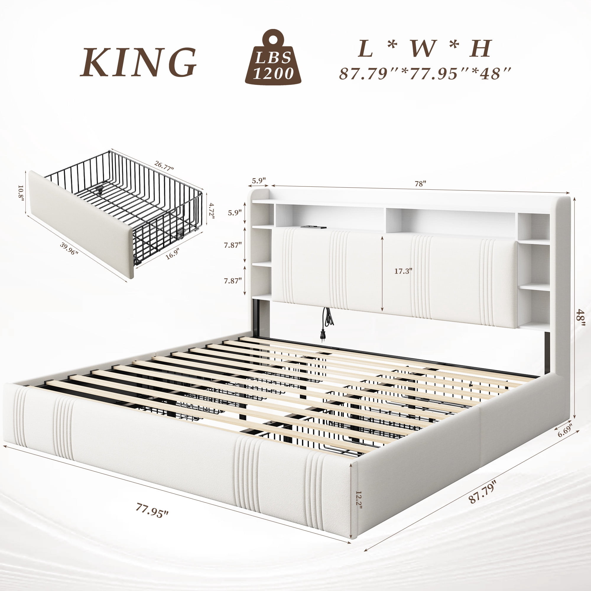 EnHomee King Size Bed Frame with 4 Drawers & 3-Tier Storage Shelf Upholstered Bed Frame King with Headboard & LED Lights & Charge Station,Beige