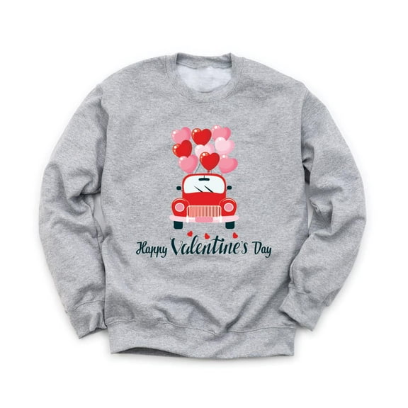 Happy Valentine's Day Unisex Gray Sweatshirt Red Car Pink Balloons Design Love Holiday Sweater
