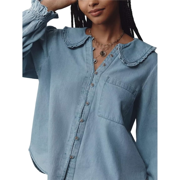 Women's Ruffled Long Sleeve Denim Shirts Button Down Denim Blouse Jackets Blue XL