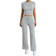 thumbnail image 2 of Costeam Womens Solid Color Crew Neck Short Sleeve Top and Long Pants Two Piece Matching Set with Side Pockets Elastic Waist Loose Fit Daily Casual Sport Loungewear Outfit, 2 of 6