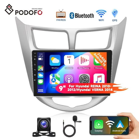 Podofo 2G64G Android 15 Car Stereo for Hyundai Accent 2012-2017 with Wireless Carplay Android Auto 9" Touchscreen Car Radio with GPS Navigation WiFi  FM/RDS Radio Head Unit with AHD Camera