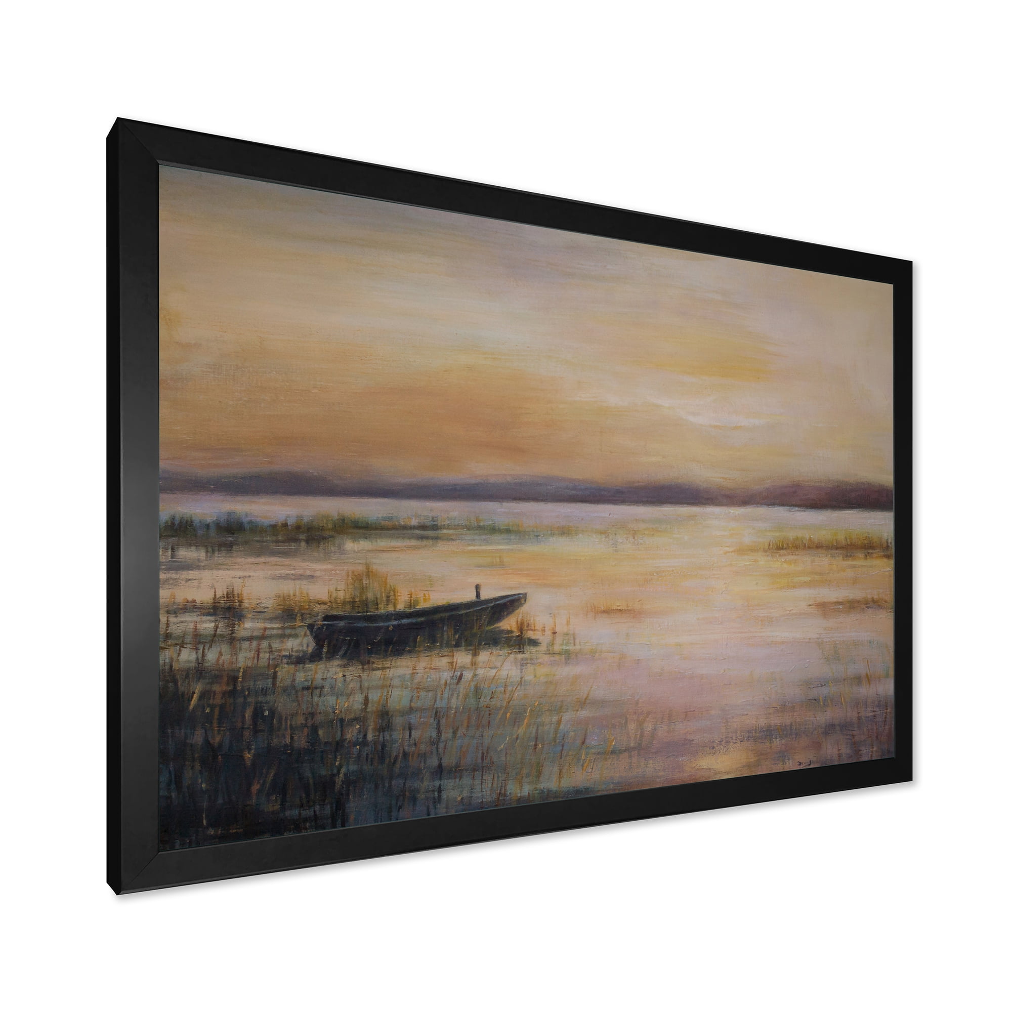 Designart 'Pastel Boat Sunset Over The Lake' Nautical & Coastal Framed Art Print