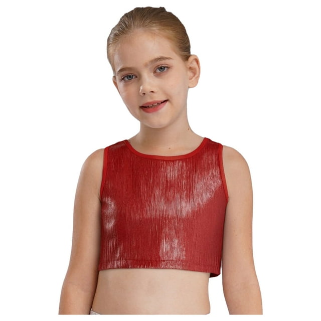 TSSOE Kids Girls Shiny Hip Hop Jazz Dance Crop Tops Metallic Ribbed Cami Vest Shirts Performance Party Dancewear Red L