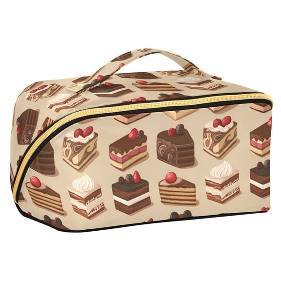 FORMRS Makeup Bag Travel Cosmetic Organizer for Women Fold Flat Zipper Pouch with Handle, Brown Cakes