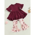 thumbnail image 3 of Pudcoco Ensemble Pantalon Long pour Tout-Petits Filles Été, Hauts à Manches Courtes Col Ras du Cou et Bottes Florales/pantalon Évasé à Imprimé Bétail, 3 of 9