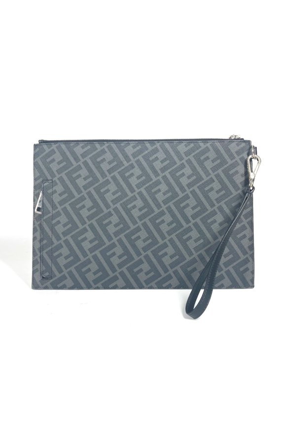 Pre-Owned FENDI 7N0110 Flat Diagonal Zucca Second Bag Pouch Clutch Leather Men's Black x Yellow...