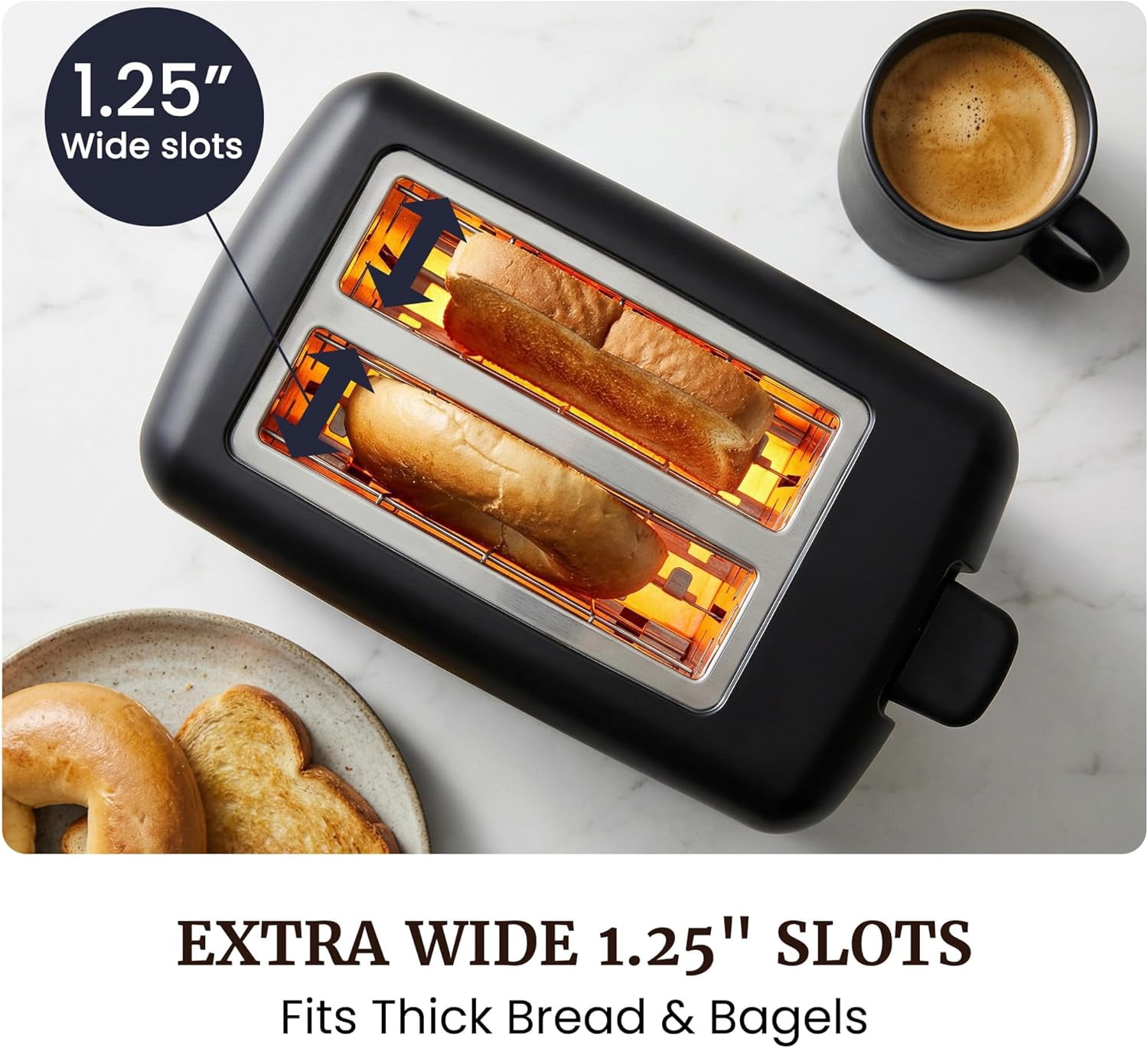 2-Slice Cool Touch Toaster – 6 Browning Levels, Extra Wide 1.25” Slots for Ba ls & Thick Bread, Cancel Function, Compact, ETL Certified, Black