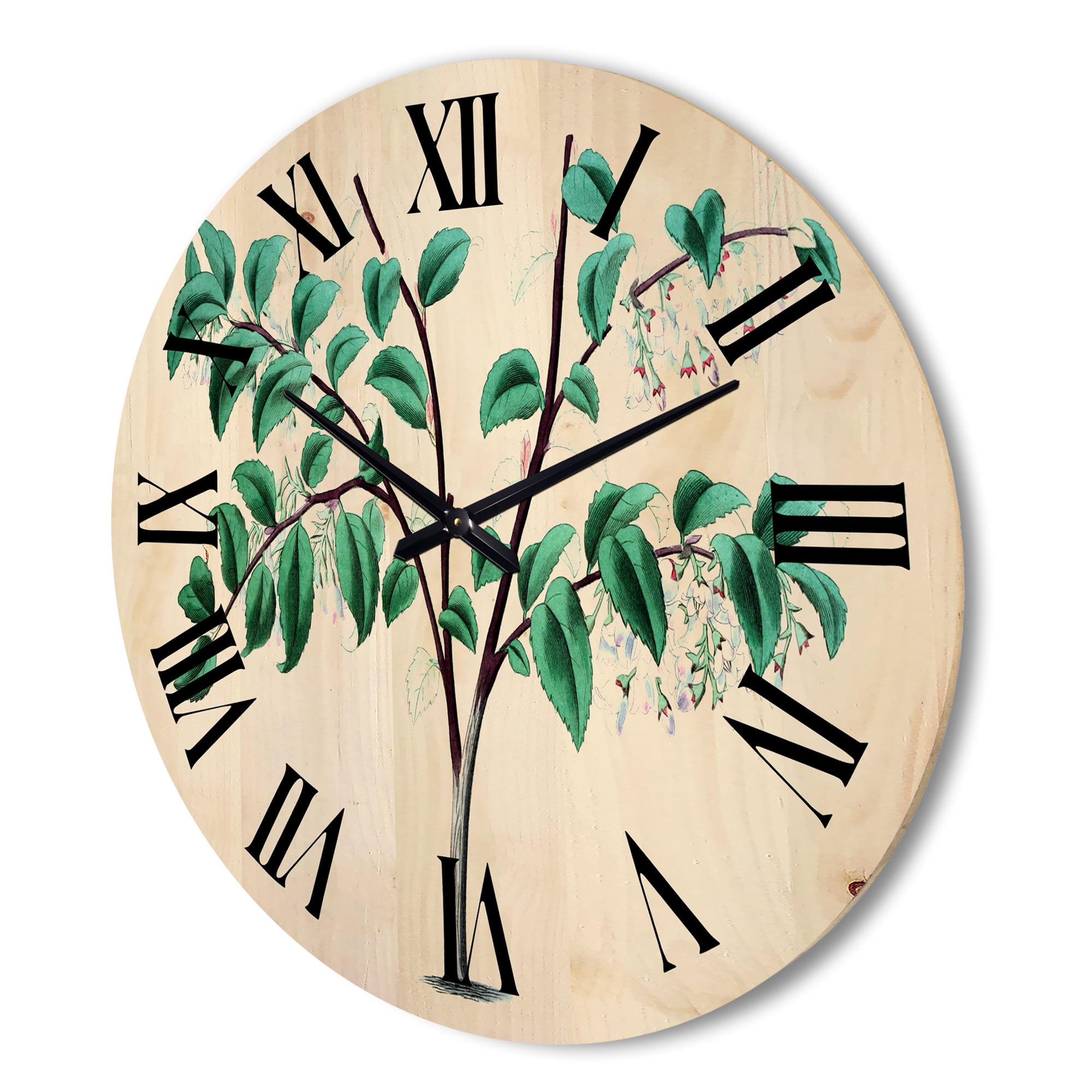 Designart 'Ancient Green Leaves Plants I' Traditional Wood Wall Clock