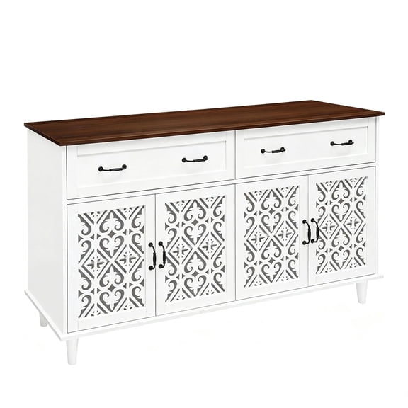 LFGUIZO 59″ White Retro Sideboard with 4 Heart Shaped Carved Doors, 2 Drawers and 2 Adjustable Shelves, Dining Room,Living Room, TV Stand