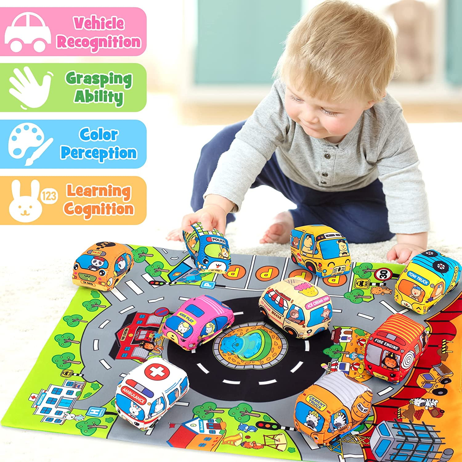 SYNARRY Soft Car Toys for 1 Year Old Boy, Baby Boy Toys 6 to 12 Months 12-18 Months, Kid Toy Cars for 1 Year Old Boys Infant with 1 Mat/Storage Bag, 1st Birthday Gifts for Toddler Toys Age 1(9 Sets)