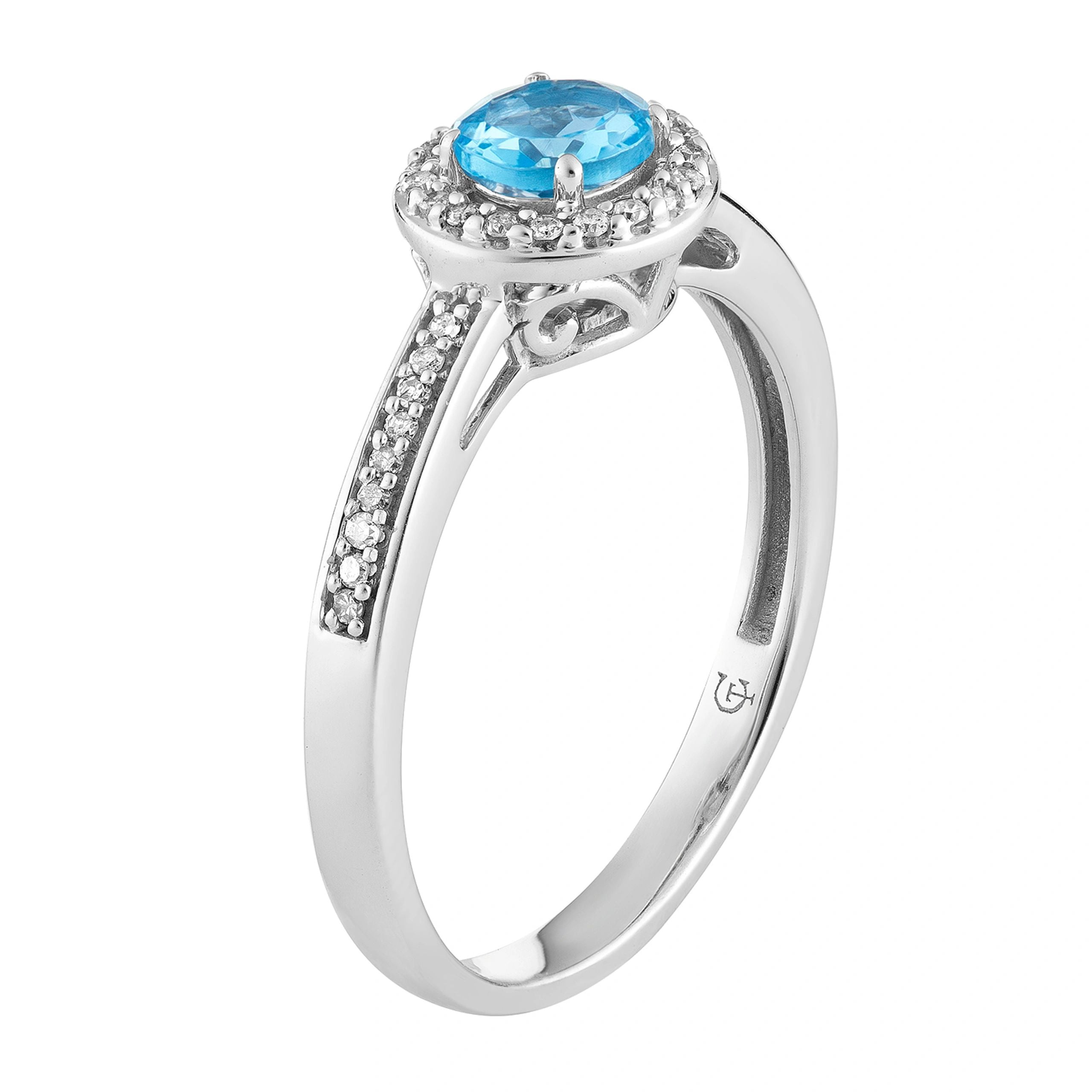10k White Gold Swiss Blue Topaz & 1/6 Carat T.W. Diamond Halo Ring