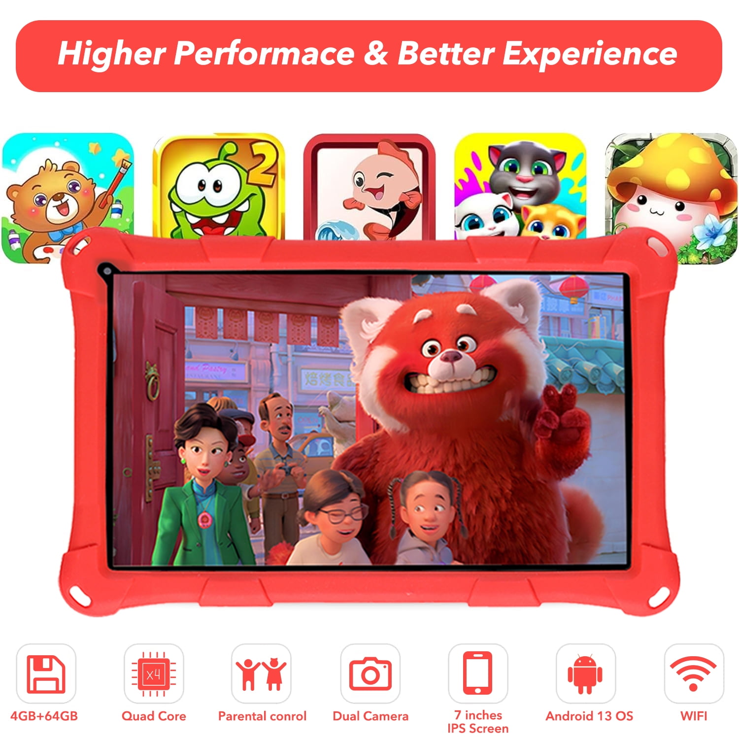 Thunrlge Kids Tablet, 7-Inch Kids Tablet, Android Tablet, 3+5 RAM 64GB ROM (TF CARD 256GB) Google Certified, Kids Software Pre-Installed, WiFi, Shockproof Case, Gift for kids, (Red)
