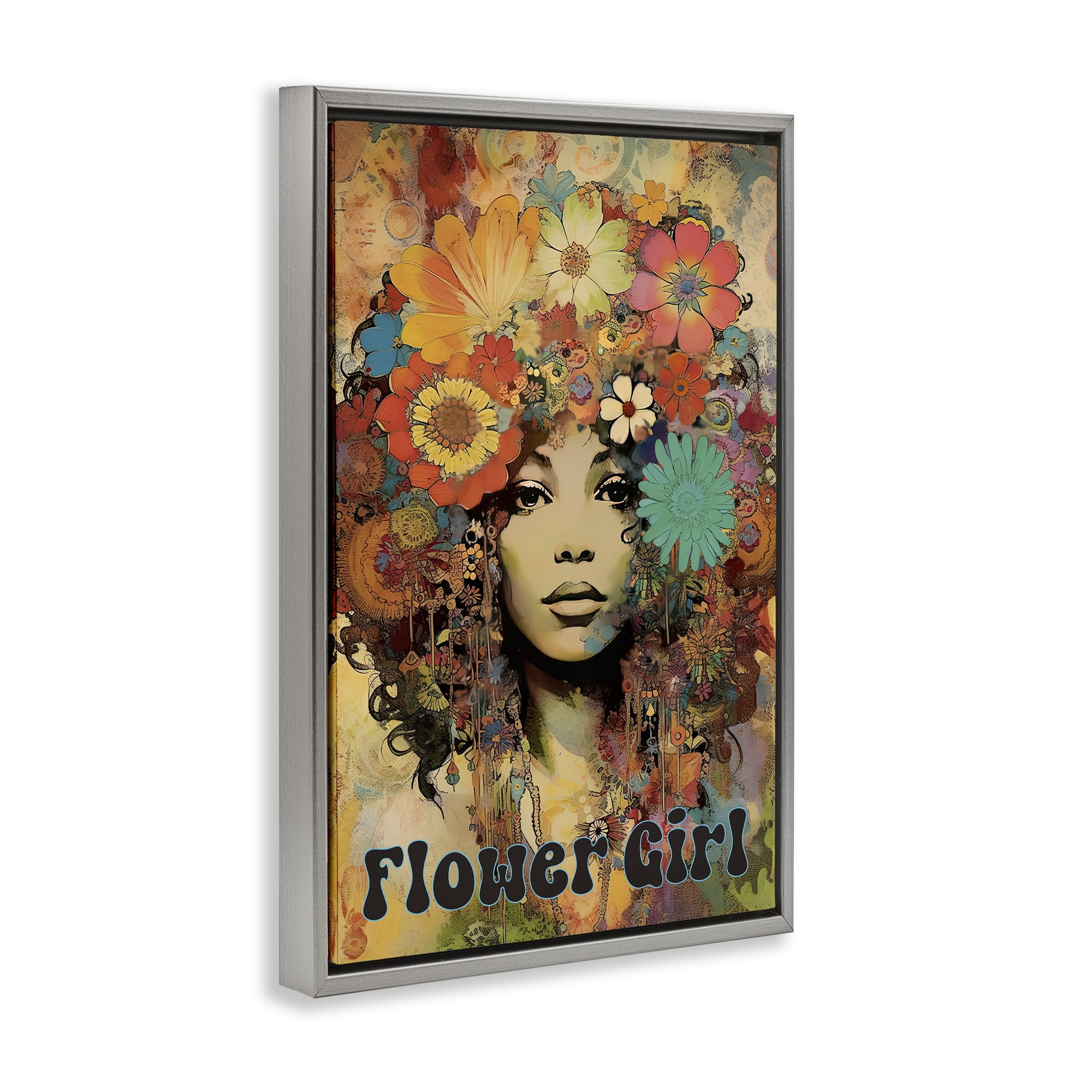 Bohemian Flower Girl Gray Framed Floater Canvas Wall Art, design by Sasha