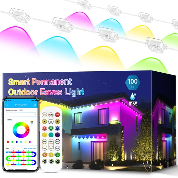 VOLIVO 100FT Permanent Outdoor Lights, 48 RGB Eave Lights, App & Remote Control, Music Sync, Timer, IP65 Waterproof