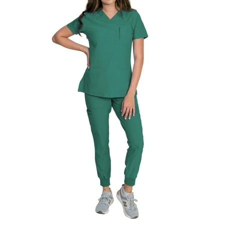 Medgear Fleur Women s Stretch Scrub Set with Zip Pocket Top and Jogger Pants  Hunter  2X-Large