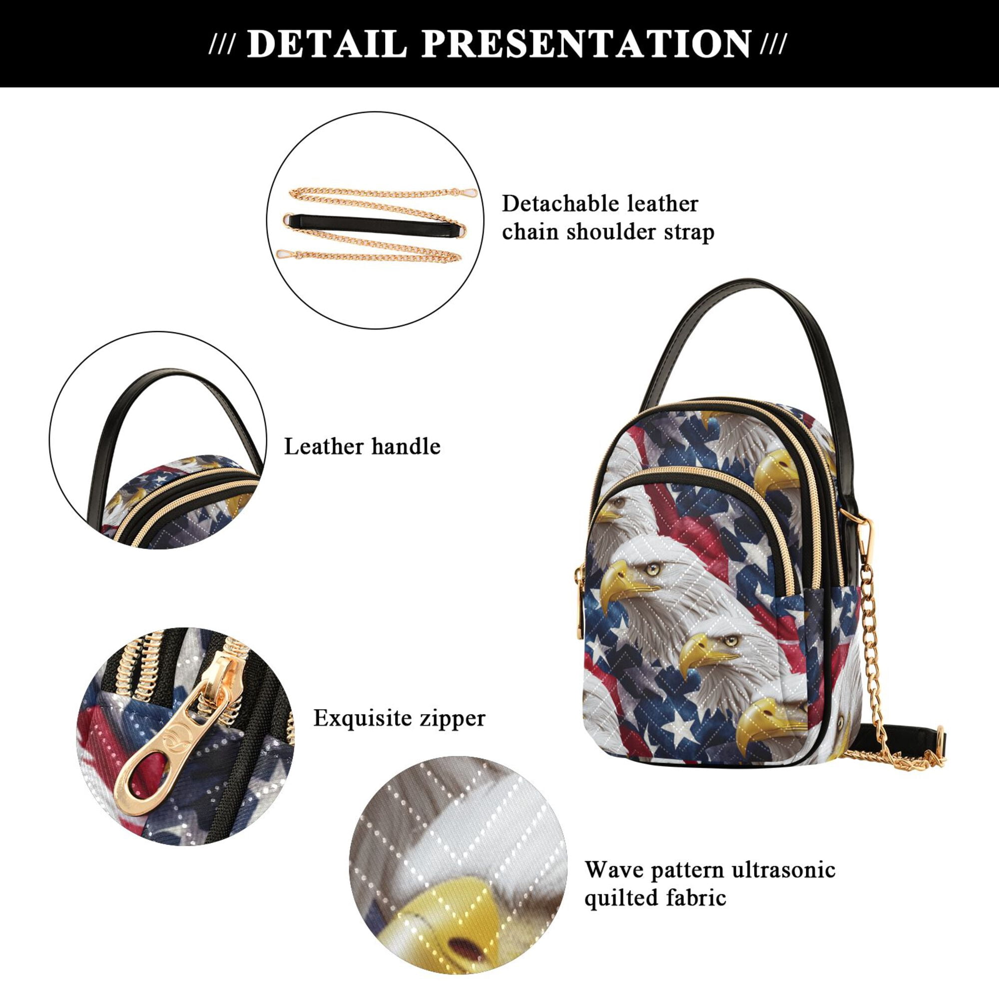 FORMRS Crossbody Bag for Women Quilted Travel Shoulder Cell Phone Purse with Chain Strap Handbag, American Eagle Pattern