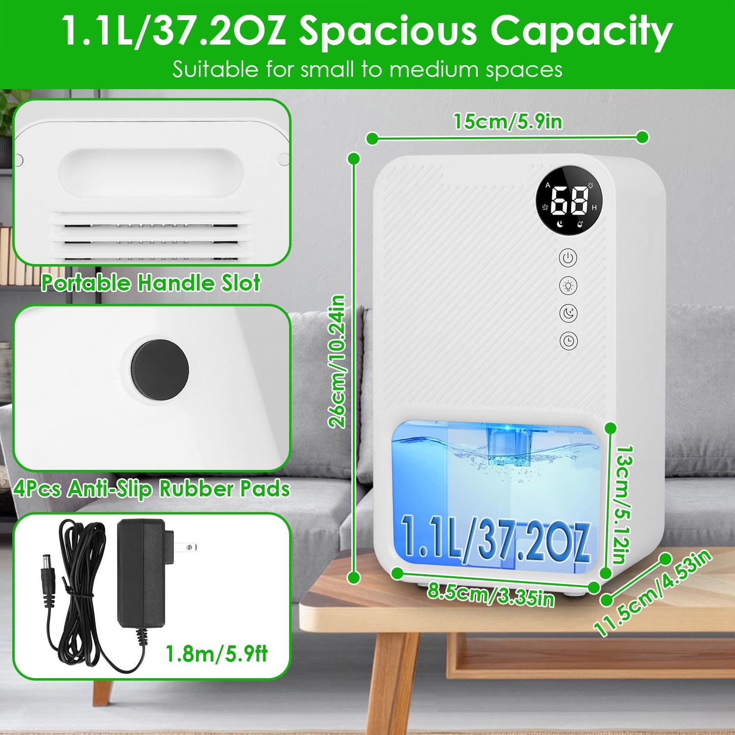 1Pc 37.2OZ Indoor Portable Small Dehumidifier with Sleep Mode 1-24H Timer Touch Control for Home Bathroom Basement Closet RV Bedroom
