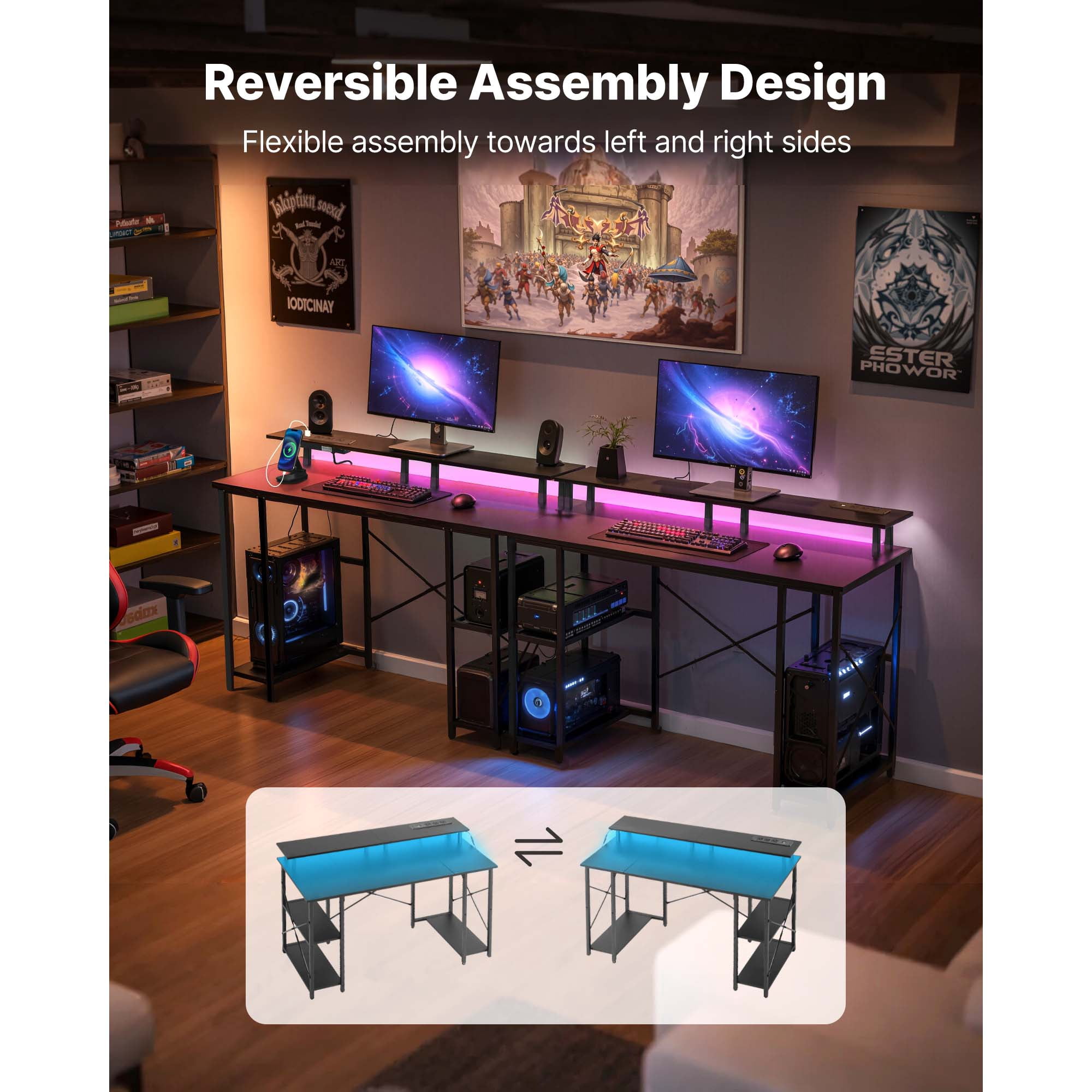 KFFKFF 47" Gaming Desk with LED Lighting & Power Outlets, Computer Desk with Monitor Riser and Storage Shelves, Black