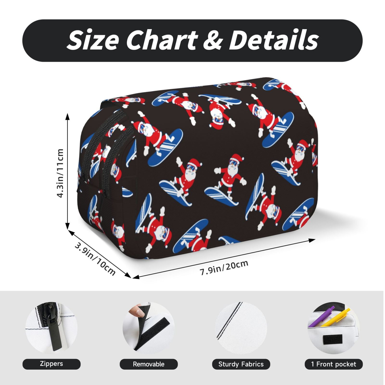 Rateoe Surfing Santa Pattern Double Clamshell Pen Case, Storage Organizer with Two Zipper Compartments– Holds Up to 50 Pencils & Pens