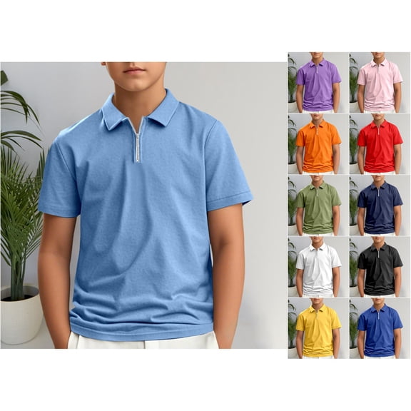RTKFRFLM Youth Kids Quarter Zip Polo Shirt Classic Solid Color Collared Short Sleeve Gentleman Dress Blouse Tee Top 3-14Y