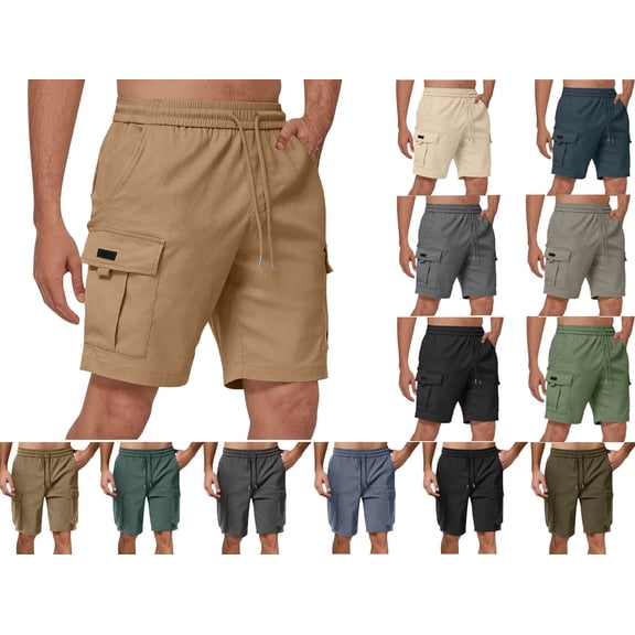 DJDLJWCJ Cargo Shorts for Men, Elastic Waist Straight Leg Multi-pocket Drawstring Solid Summer Short Khaki 5XL (46)