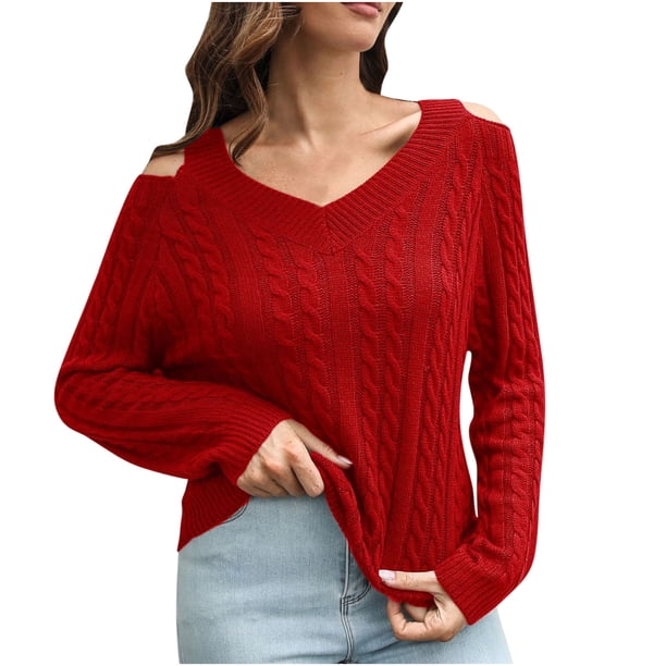 Suéter con cuello en V y hombros descubiertos para mujer Suéter de punto suelto de manga larga para otoño e invierno para mujer Pompotops hdfakjf11344
