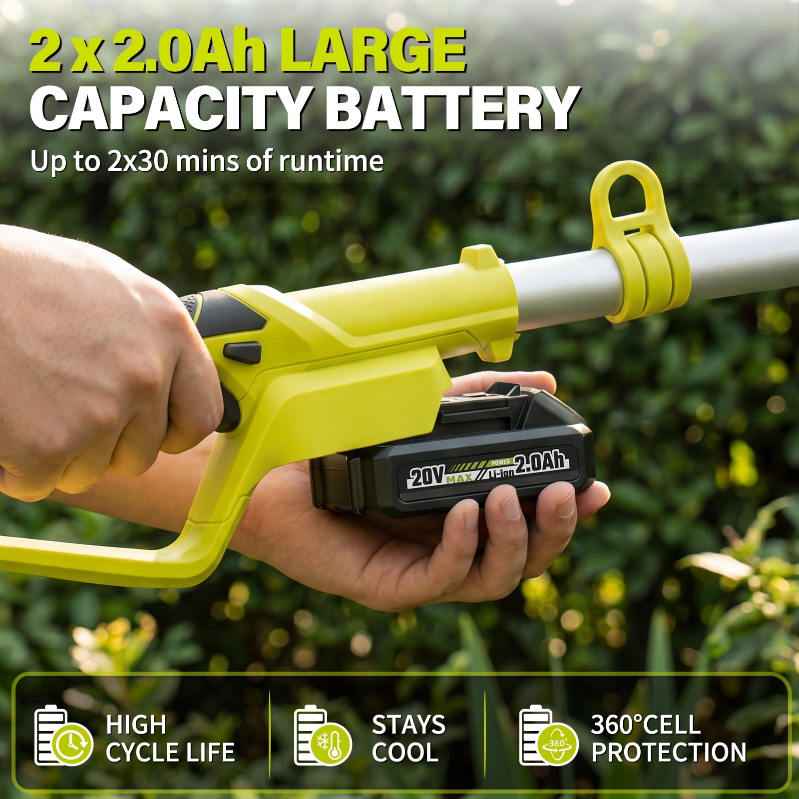 20V MAX Cordless Pole Hedge Trimmer – 20-inch Electric Battery Hedge Trimmer with 9 Ft. Reach, Multi-Angle Head & Extension Pole for Shrub Pruning (Includes 2x 2.0Ah Batteries & Charger)