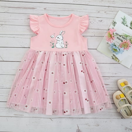 

Puloru Girl’s Cartoon Bunny Mesh Yarn Stitching Fly Sleeve A-line Dress