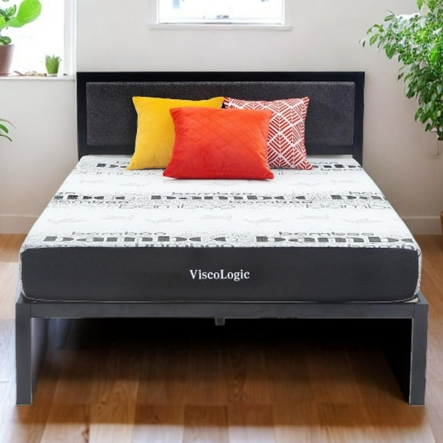 ViscoLogic Platform 12 inch High Heavy-Duty Metal Full Size Bed Frame, Upholstered Headboard, With Wooden Slats, 12 Inch High, No Box Spring Needed, Full/ Double Bed