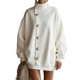 thumbnail image 3 of Women Sweatshirt Sevevn High Mock Neck Oversized Tunic Fit Soft Fleece Side Metal Button Detail Long Sleeve For Fall Winter Daily Casual Wear, 3 of 9