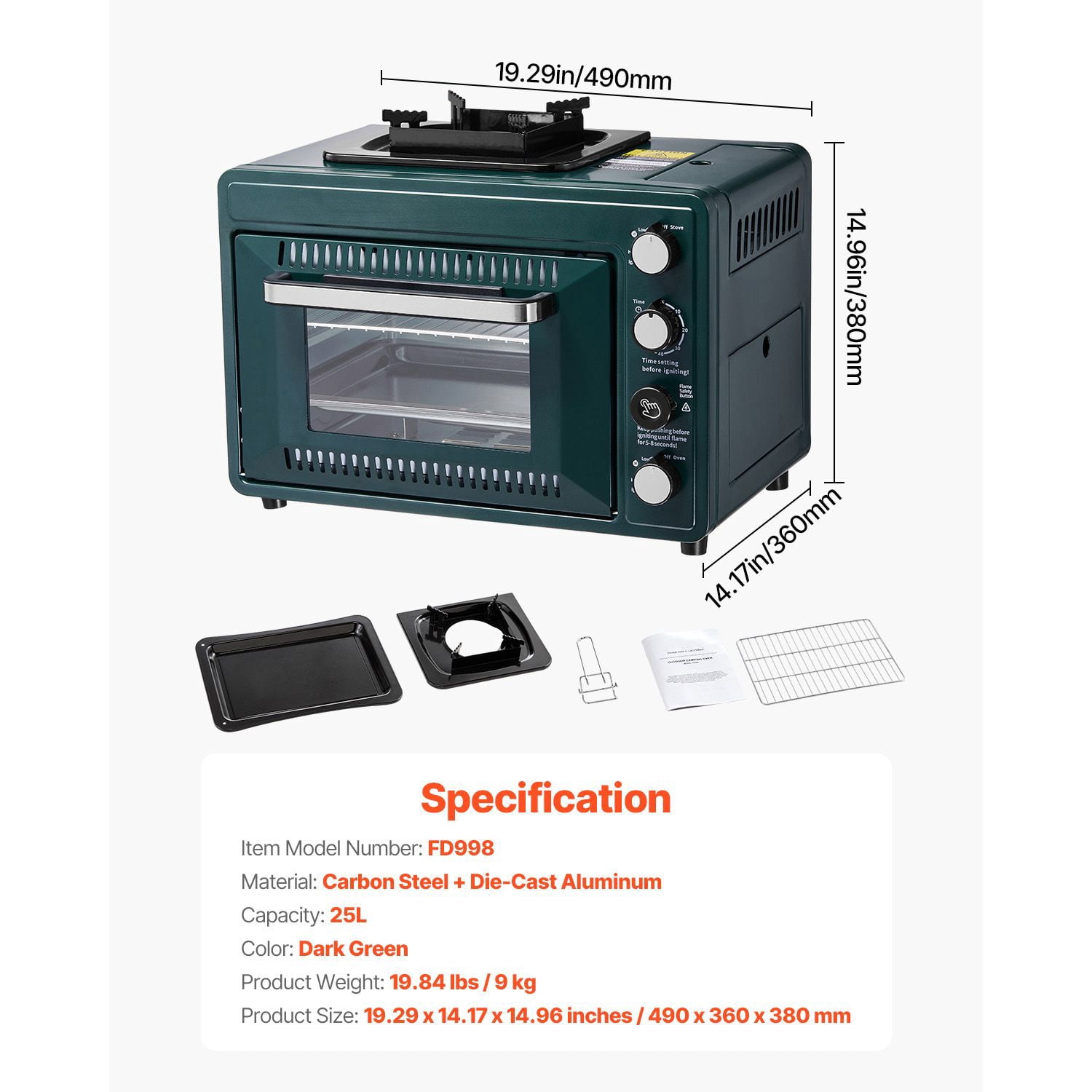 2-in-1 convenient gases Camping Stove Oven Combo, Adjustable Fire, 60-Min Timer, Windproof, Grill Shelf & Roasting Tray for Backyard Picnic