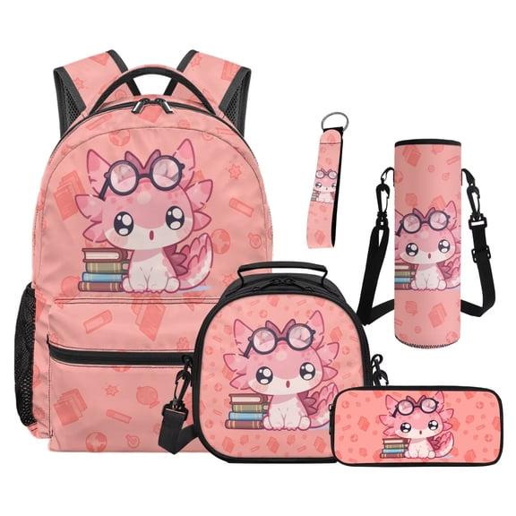 Jeiento Pink Axolotl Backpack Set for 9-12 Years Old 5 Pcs Cartoon 17 Inch Lightweight Bookbag with Insulated Lunch Bag Pencil Case for Elementary School Gift for Daughter