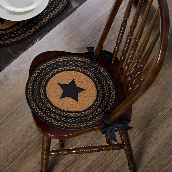 VHC Brands Farmhouse Star Primitive Chair Pad Seat Cushion, Round, Braided Jute, Black Tan, 15 inch