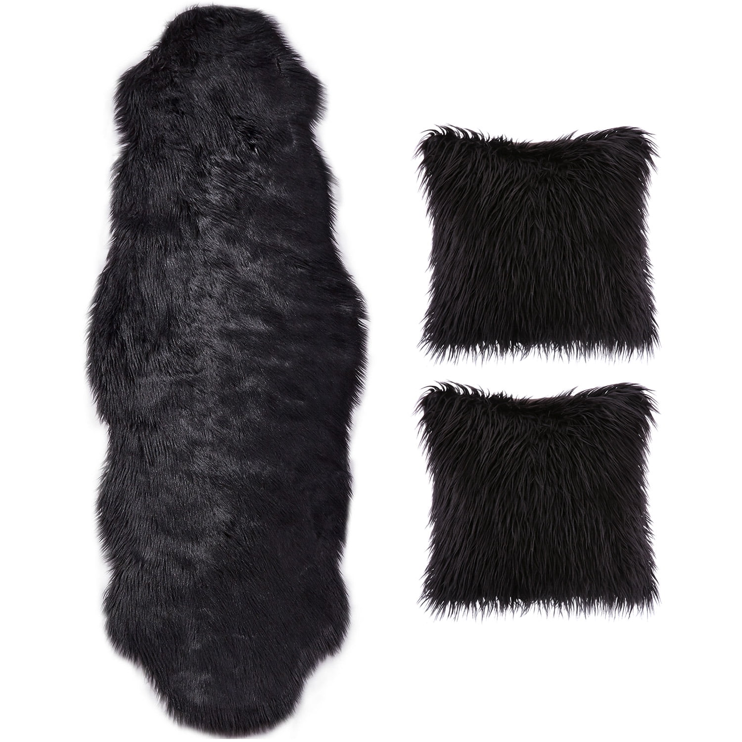 Phantoscope Designer's Choice Faux Fur Decorative Throw Pillow + Area Rug Bundle, 18" x 18"/ 2' x 6', Black, 2 Pillows + 1 Rug