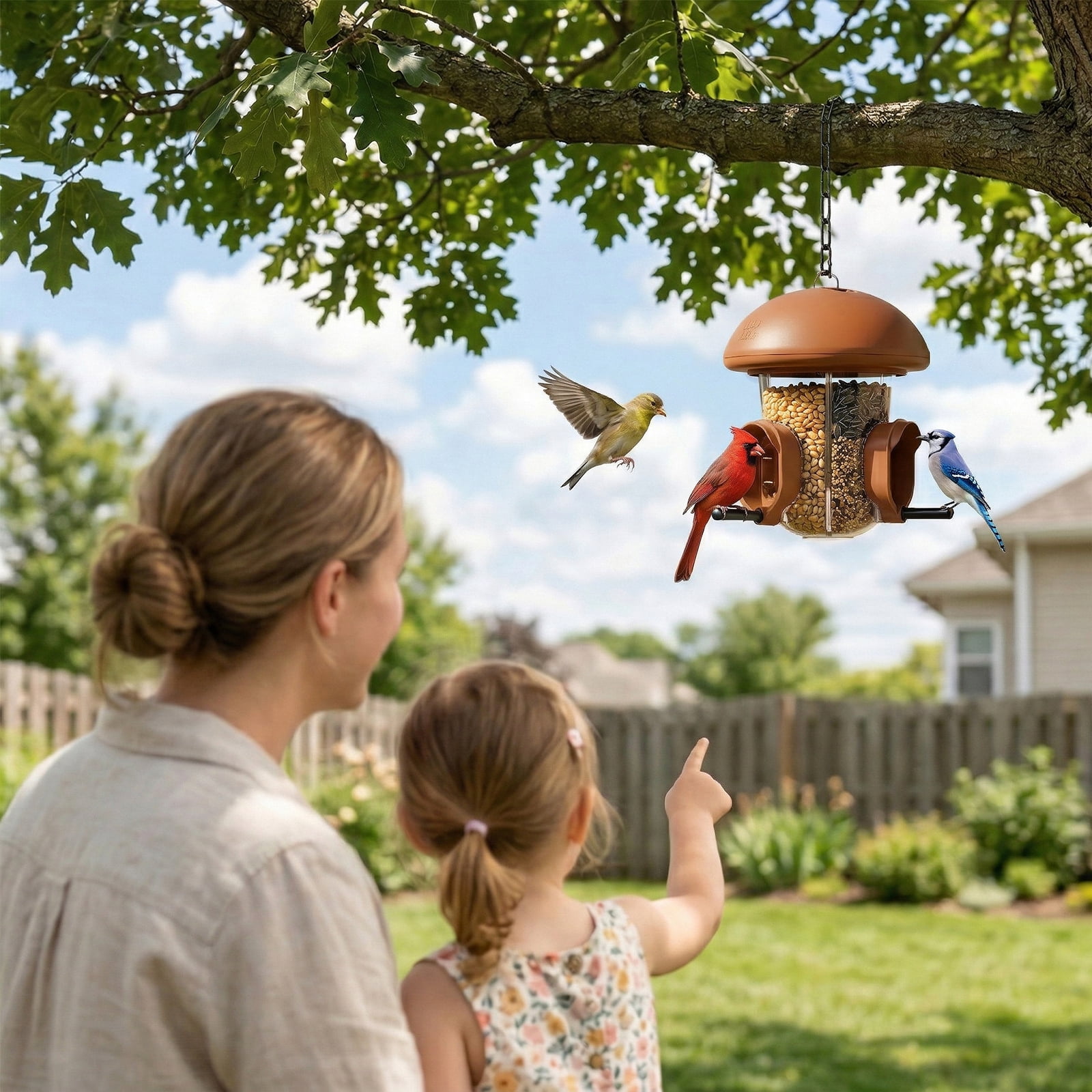 LONA-S610 Outdoor Bird Feeder, 3-Compartment Hanging Feeder with Weatherproof Dome & 3 Ports (Brown)
