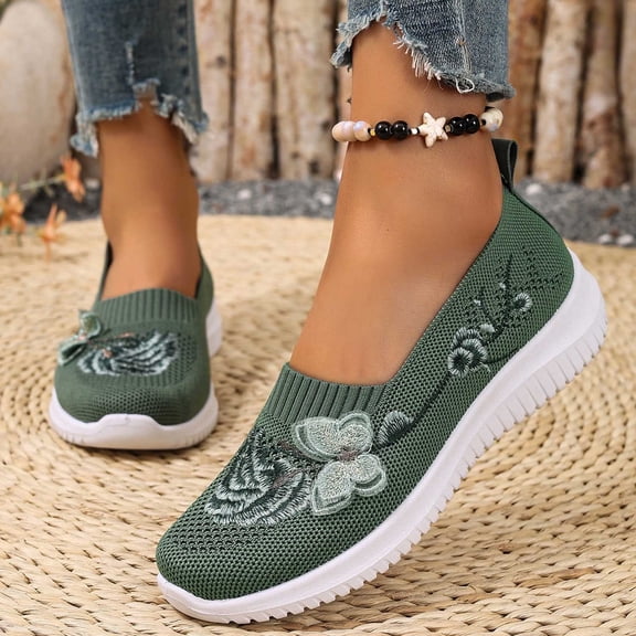 XUNKUSGA Walking Shoes Women Trendy Embroidered Knit Womens Shoes Casual Breathable Mesh Slip On Shoes Women Lightweight Comfortable Womens Walking Shoes,Green,5.5