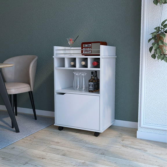 1-door White Bar Cart With Multiple Shelves, Built-in Bottle Holders, And Mobility Feature 2