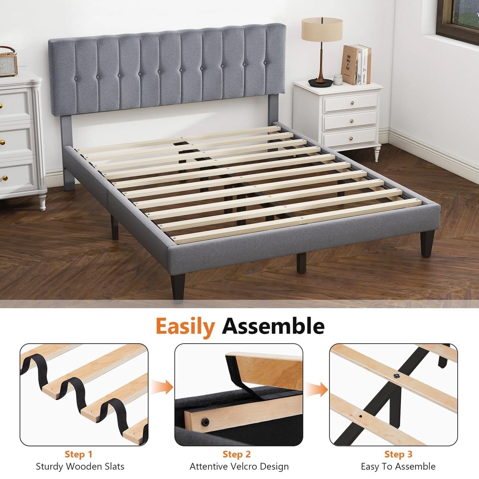 Queen Bed Frames with Headboard, Upholstered Platform Bed with Wood Slats 800 lbs Support , Noise Free, No Box Spring Needed, Gray