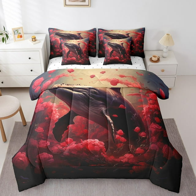 YST Watercolor Whale 7pcs Comforter Set, Ocean Sea Animal Bedding, Full Size, Microfiber
