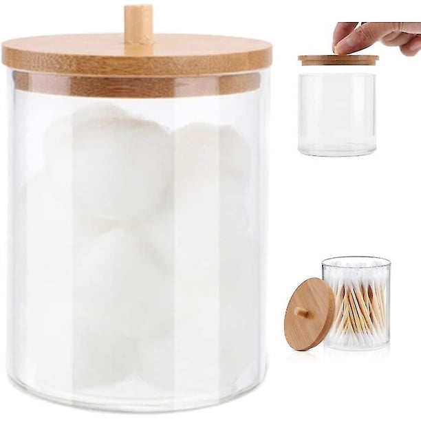 Soporte para bastoncillos de algodón con tapa de bambú, almacenamiento de almohadilla de algodón acrílico Janfeel para caja de almacenamiento de sal de baño de baño