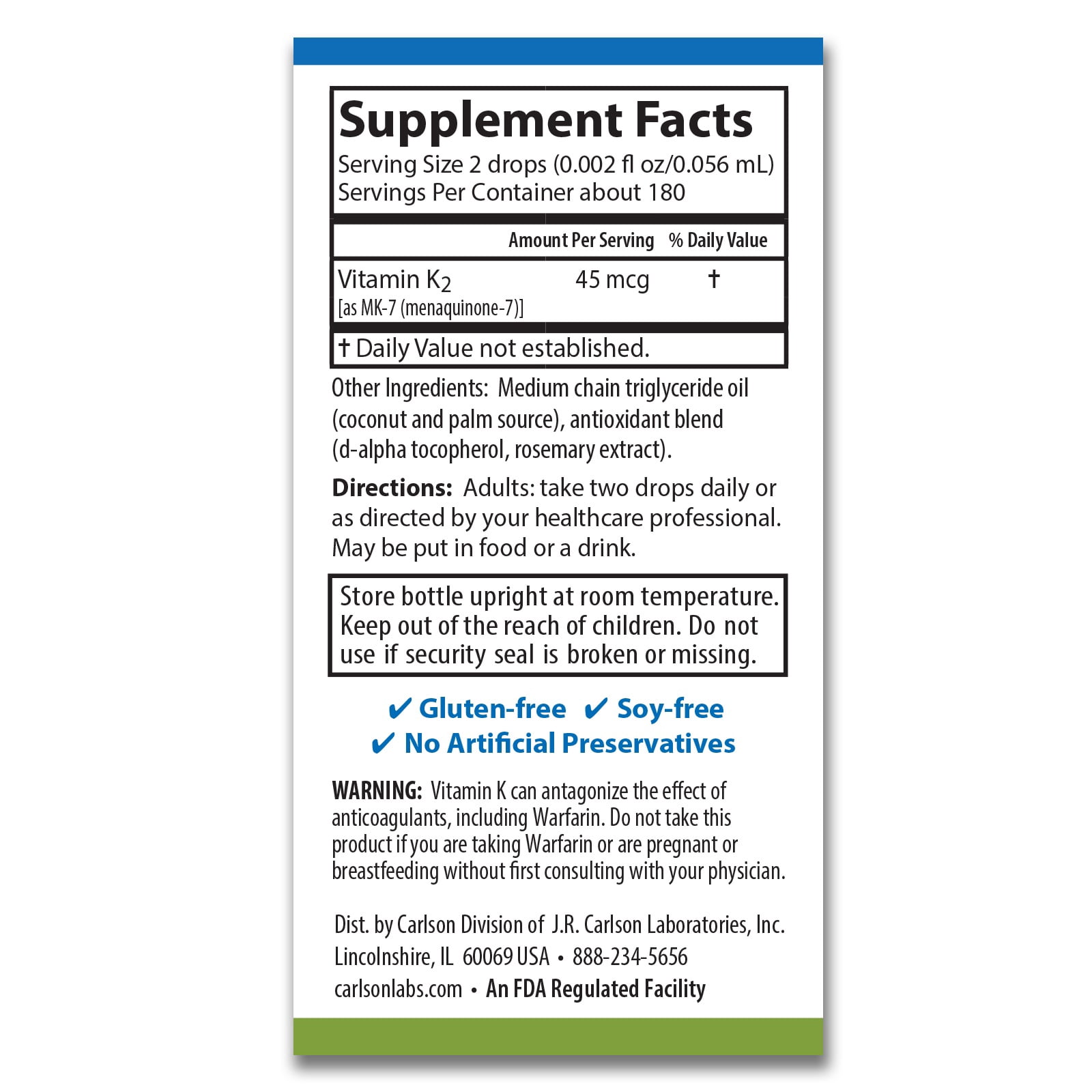 Carlson Liquid Super Daily K2, 45 mcg per Drop, Vitamin K2 MK-7 Supplement, 0.34 fl oz