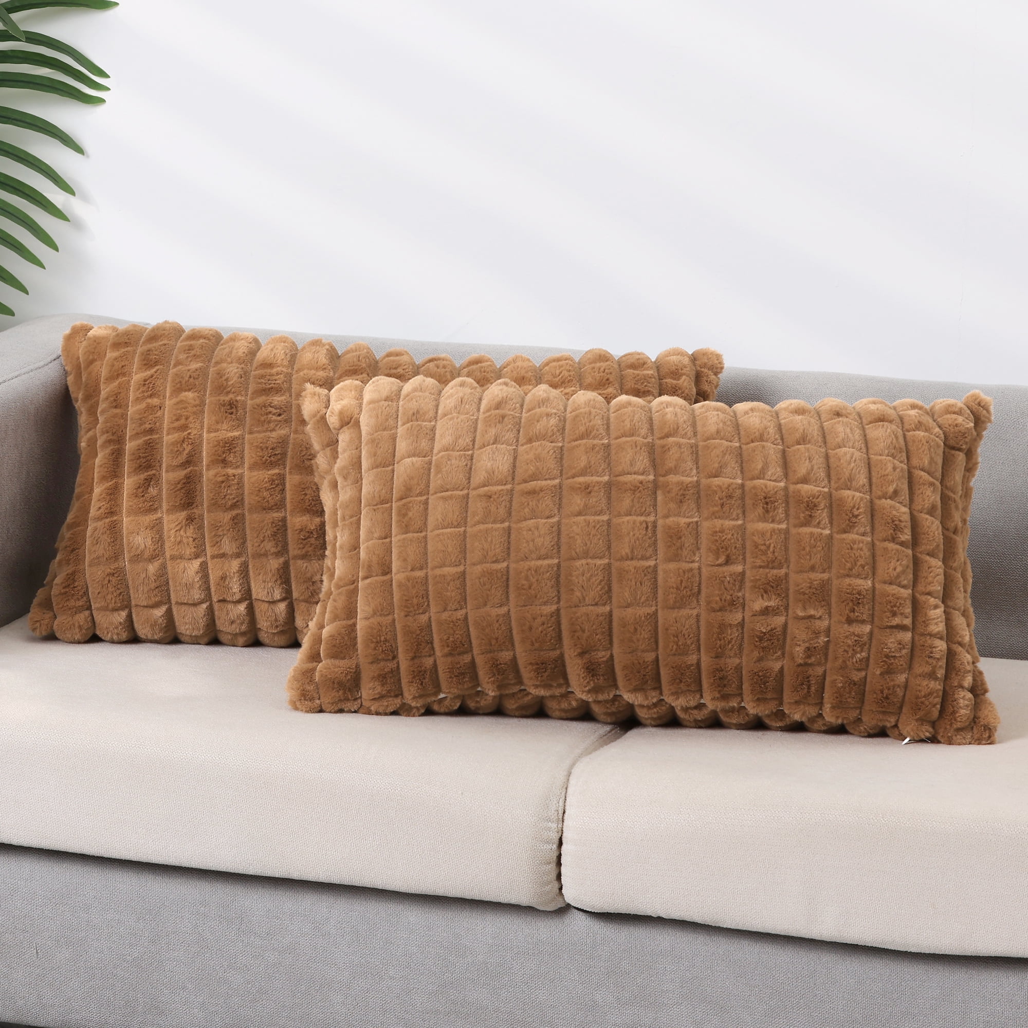 Unique Bargains 4 Pcs Checkered Faux Fur Plush Throw Pillow Covers Home Decor Pillowcases Brown 12" x 20"