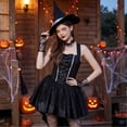 thumbnail image 3 of Witch Cosplay, Witch Costume, Witch Outfit, Witch Roleplay, Witch Cos, Women Halloween Witch Cosplay Costume High-Low Hem Ruffle Dress + Hat + Wristbands Dress Up Outfits, Black L, 3 of 7