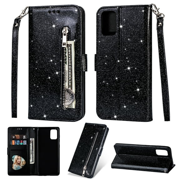Allytech Galaxy A51 Case (5G Version), Bling Design Folio Flip PU Leather Folding Stand Magnetic Closure Defender Shockproof Cards Slots Glitter Wallet Case Cover for Samsung Galaxy A51 5G,Black
