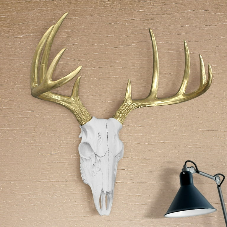 Wall Charmers Large White + Gold Antler Faux Deer Skull Decor - 21 inch  Faux Taxidermy Animal Head Wall Decor - Handmade Farmhouse Decor 