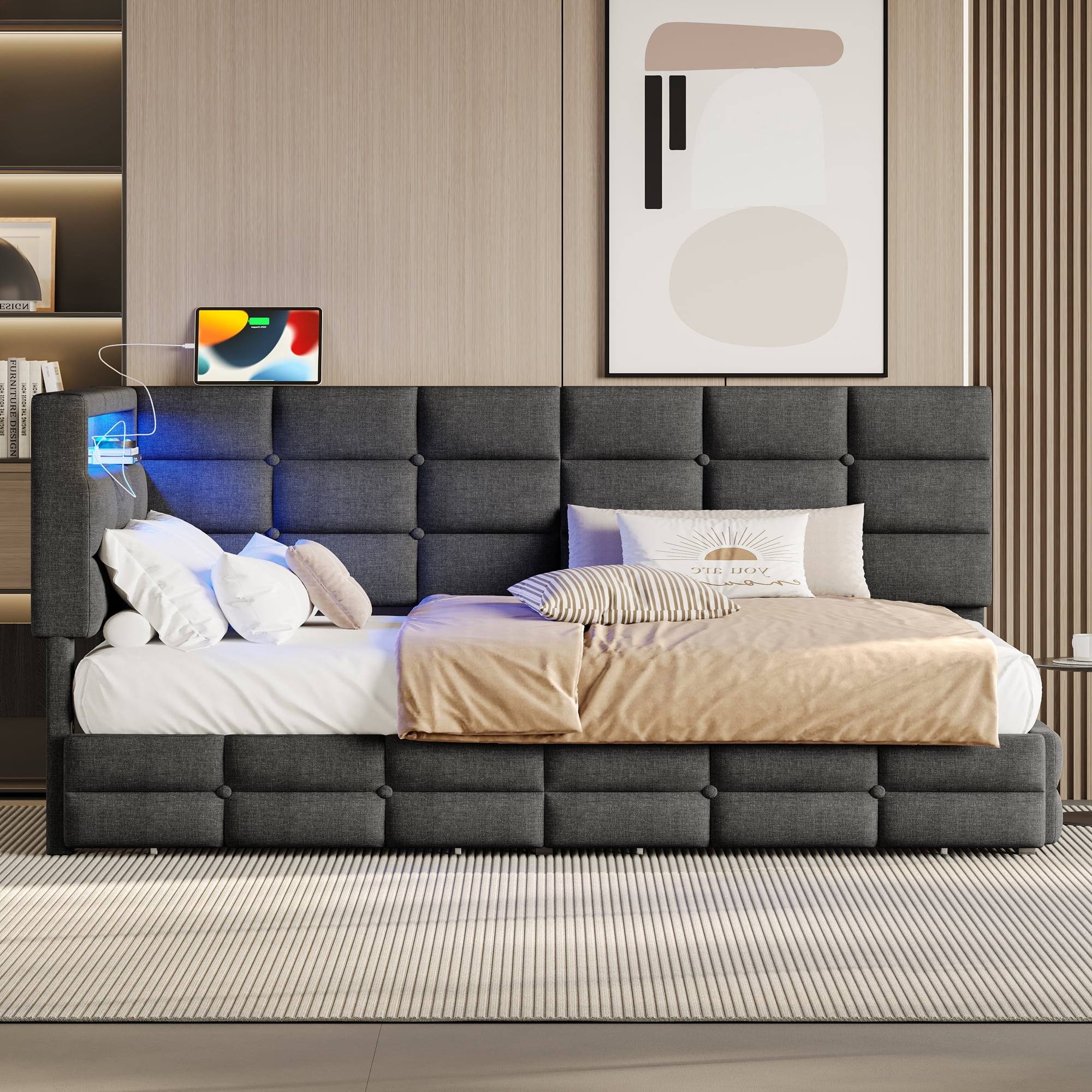 Euroco Upholstered Twin Size Daybed with Storage Headboard and Drawers, Sofa Bed with LED Light and USB Charging, Gray