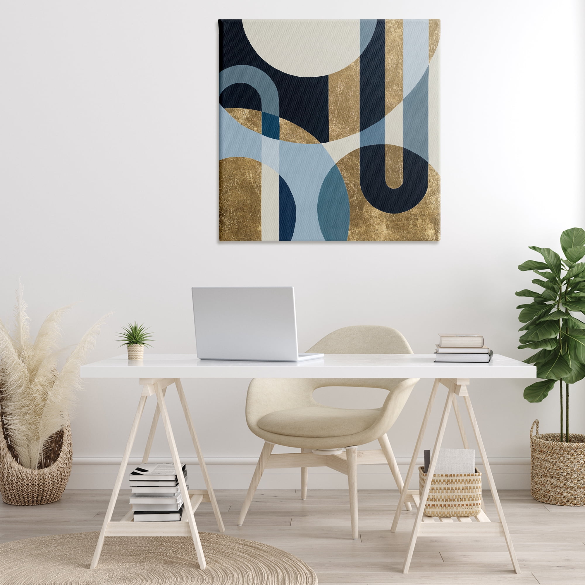Stupell Industries Gold & Blue Circular Shapes Abstract Painting Gallery Wrapped Canvas Art Print Wall Art, 36 x 36