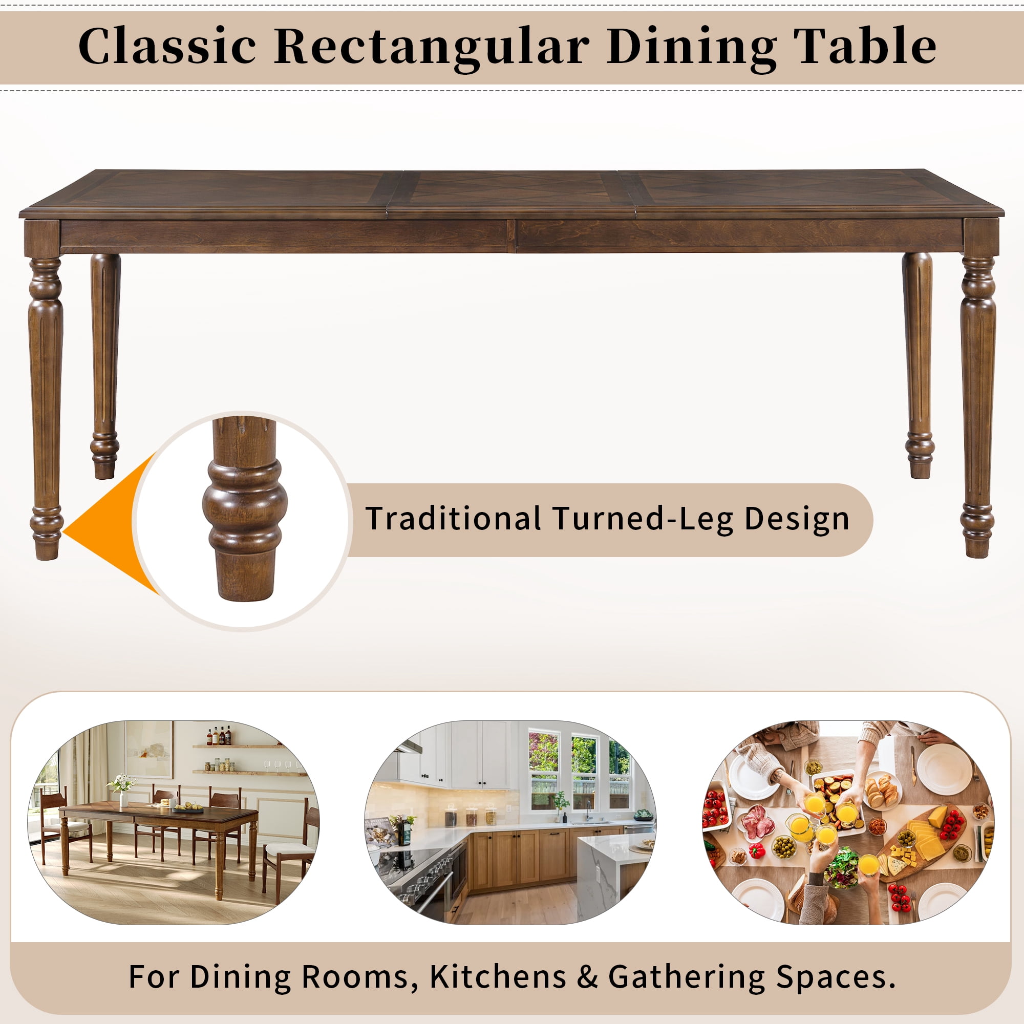 Euroco 78.7" Rectangular Modern Dining Table for 6-8 Person, Wood Kitchen Table with Turned Legs for Dining Room,Walnut