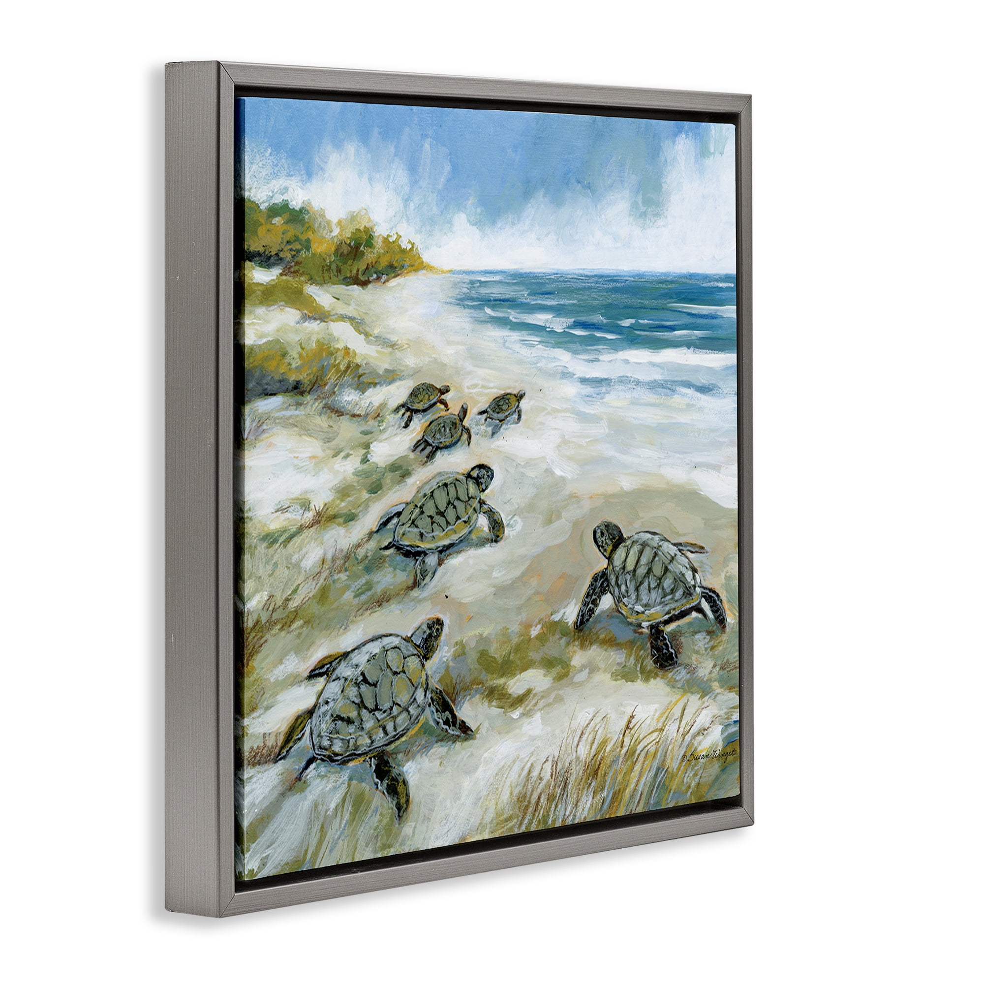 Stupell Industries Baby Sea Turtles on Beach Gray Framed Floater Canvas Wall Art, design by Susan Winget